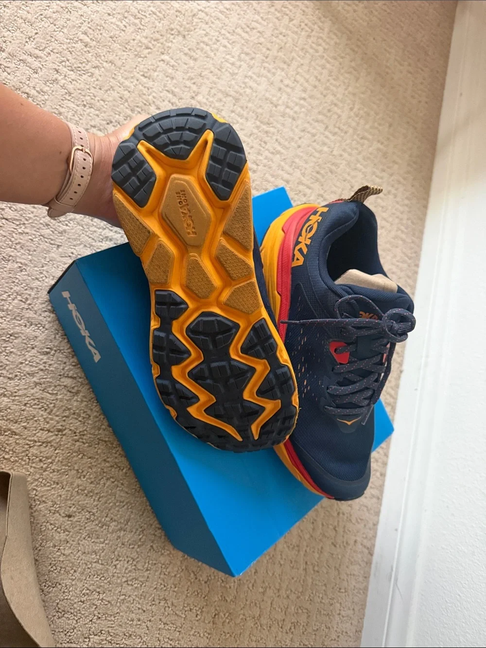 Hoka Challenger ATR 6 Navy Road/Trail Shoes with Red & Gold Accents - Like New